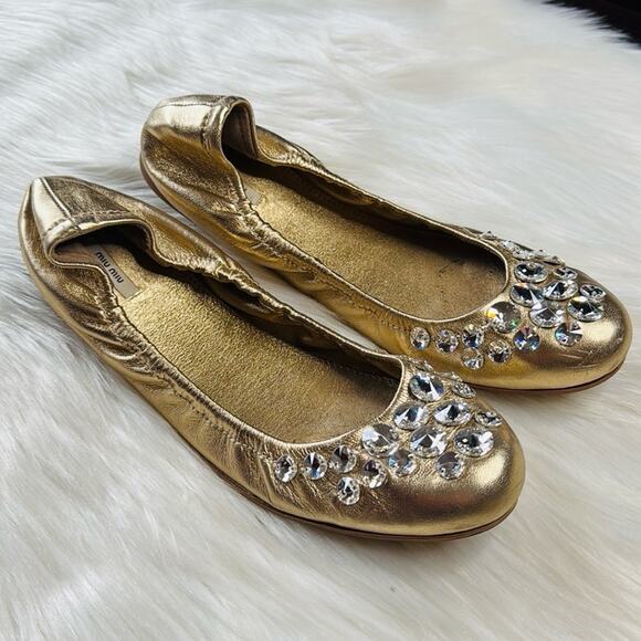 Miu Miu Gold Rhinestone Embellished Scrunch Flats - Picture 1 of 9